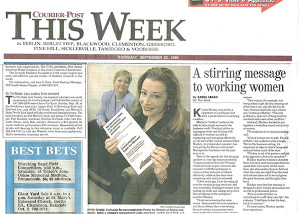 New Jersey Courier Post (Sept 23, 1999) by Carol Leach: Feature article on speaker Kristin Mackey on her two public seminars; Communication Power for Women and Management Skills hosted by The Management Institute